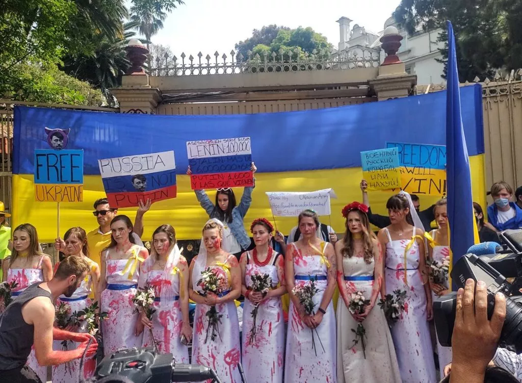 Brides covered in blood protests Russia’s invasion of Ukraine